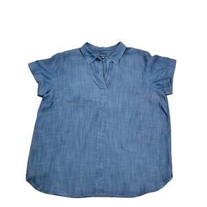 J Jill Denim Top Women's Pullover Chambray Tunic Sz M Short Sleeve Comfort Blue